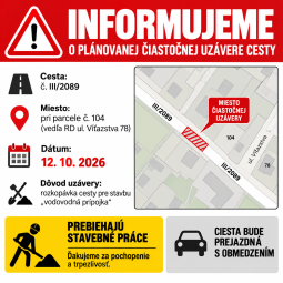 Čiastočná uzávera cesty III/2089 pri parc. č. 104 v Stráňavach – 12. 10. 2026